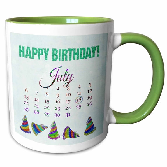 3drose, Birthday on July 18th, Glitter Look Happy Birthday and Colorful Hats, 11oz Two-tone Green Mug