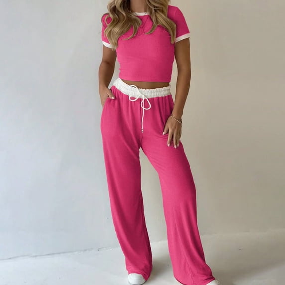 Birthday Outfits for Women Womens Loungewear Ribbed Set, Cropped T-Shirt Drawstring Wide Leg Pants, Daily Streetwear Sports Outfits L