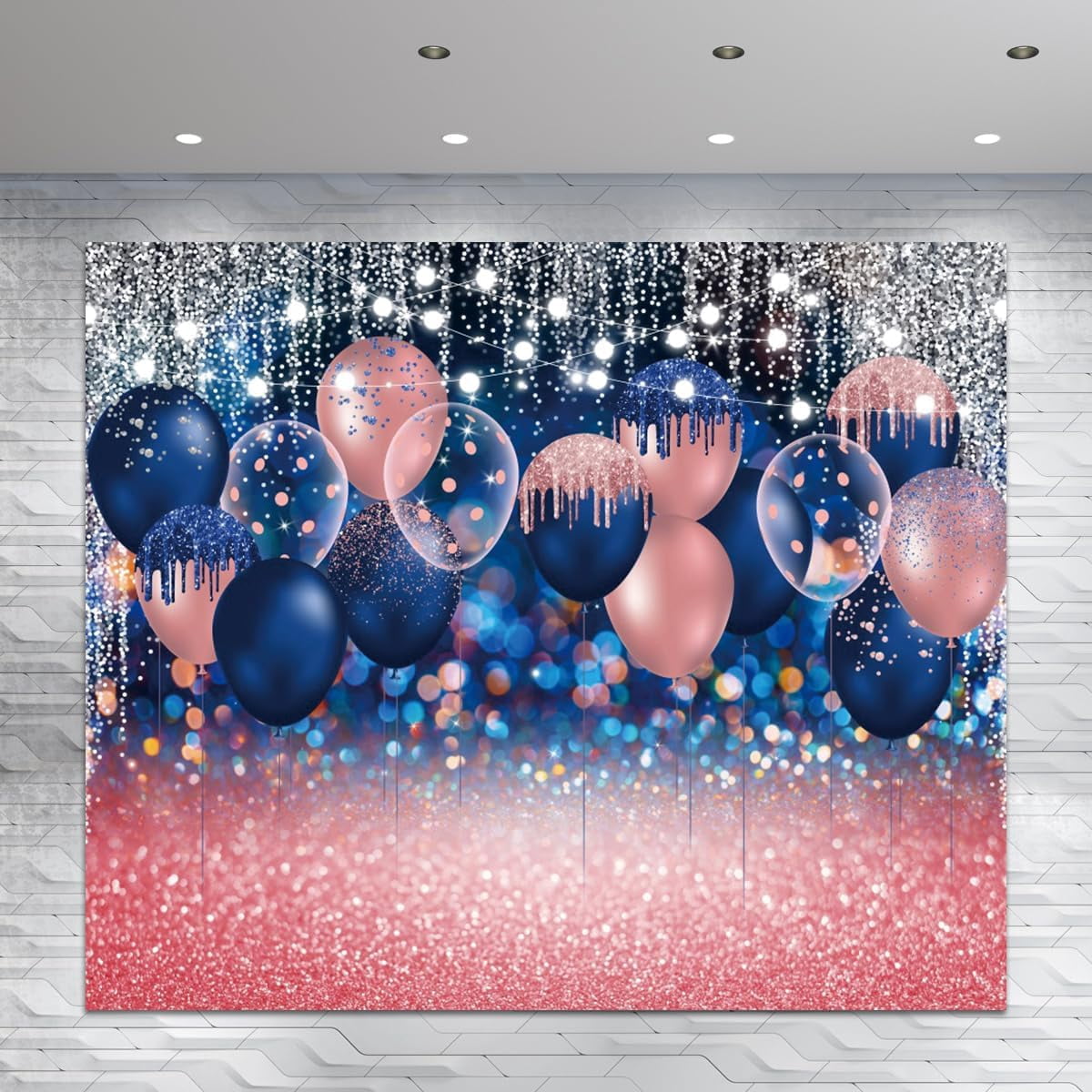 Pink Glitter Round Navy Blue Birthday Backdrop
