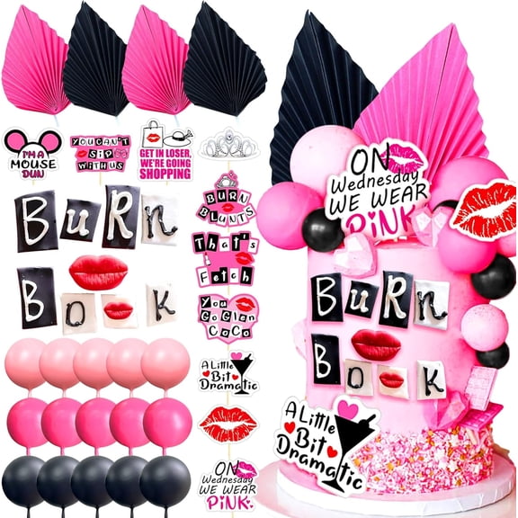 Birthday Party Cake Decoration Set - Multi-style Topper Paper Fan Foam Ball Set Pink and Black Theme Decoration Accessories