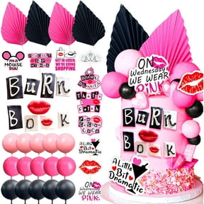 Birthday Party Cake Decoration Set - Multi-style Topper Paper Fan Foam Ball Set Pink and Black Theme Decoration Accessories