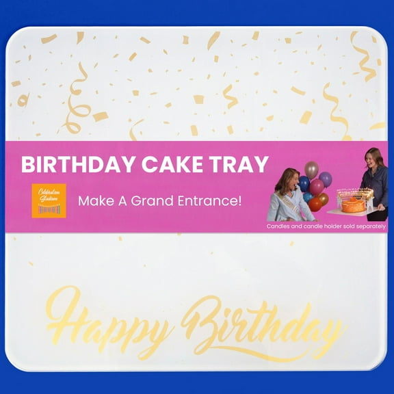 Birthday Party Cake Tray Celebration Stadium, Rectangular, Gold & White, High-Quality Acrylic Material, 20