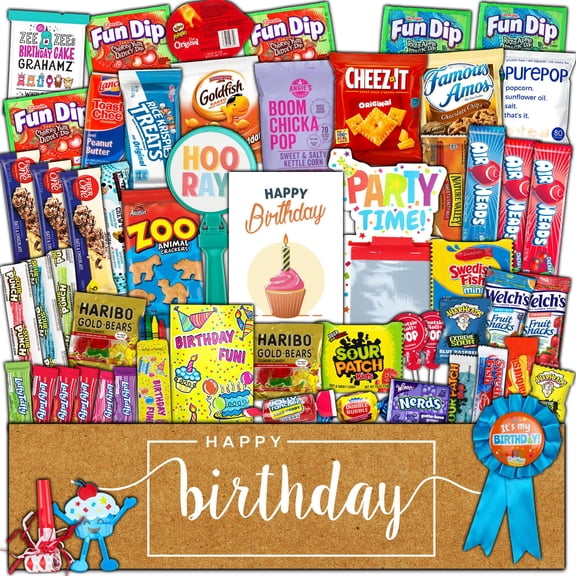 Birthday Party Care Package (50 Count) Snacks Food Cookies Bar Chips Candy Party Variety Gift Box Pack Assortment Basket Bundle Mix Bulk Sampler Treat College Students Kids Teens Office School