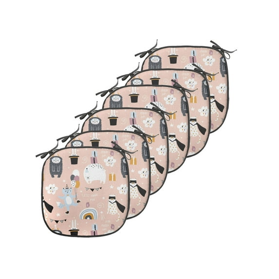 Birthday Party Chair Seating Cushion Set of 6, Animals and Monster Pattern with Balloons and Fun Every Day Words, Seat Pads for Office with Anti-slip Backing, 16"x16", Multicolor, by Ambesonne