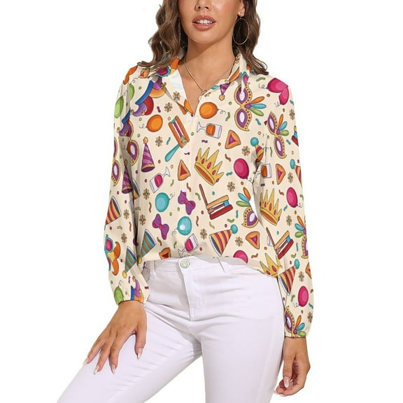 Birthday Party Colorful Doodle Icons Long Sleeve Blouse Woman Streetwear Casual Shirts Summer Oversize Woman Streetwear Clothing Birthday Present