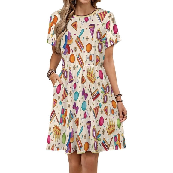 Birthday Party Colorful Doodle Icons Short Sleeve Dress Women Summer Evening Dresses Ladies Sundress