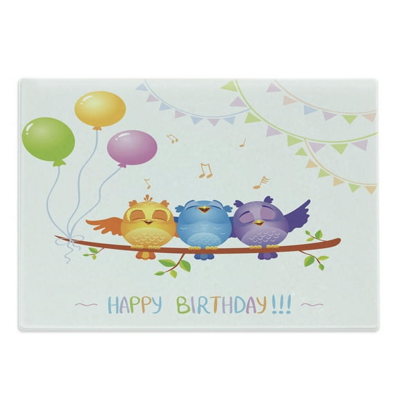 Birthday Party Cutting Board, Celebration Owls Sitting on a Branch with Balloons on Abstract Backdrop Art, Decorative Tempered Glass Cutting and Serving Board, Large Size, Multicolor, by Ambesonne