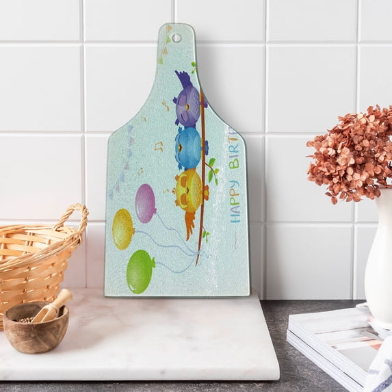 Birthday Party Cutting Board, Celebration Owls Sitting on a Branch with Balloons on Abstract Backdrop Art, Tempered Glass Cutting and Serving Board, Wine Bottle Shape, Multicolor, by Ambesonne