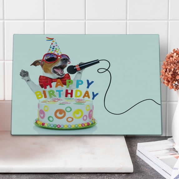 Birthday Party Cutting Board, Birthday Musician Singer Dog with Glasses and Party Cake Cones Image Print, Decorative Tempered Glass Cutting and Serving Board, Large Size, Multicolor, by Ambesonne