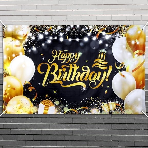 Birthday Party Decorating Banner for Outdoor Interior Decoration, Wedding Baby Shower Decoration (Black and gold)