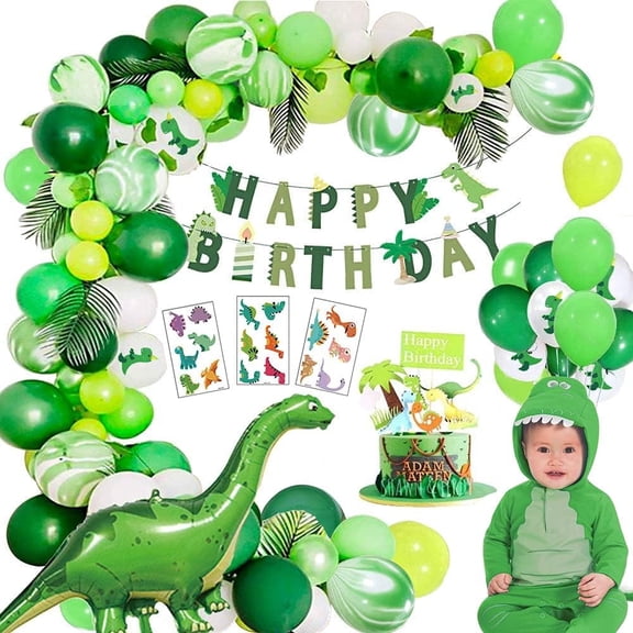 Birthday Party Decoration, Agate Green Dinosaur Latex Balloon, Cake Topper, HAPPY BIRTHDAY Banner, Balloon for Jungle Dinosaur Jurassic Party Decoration
