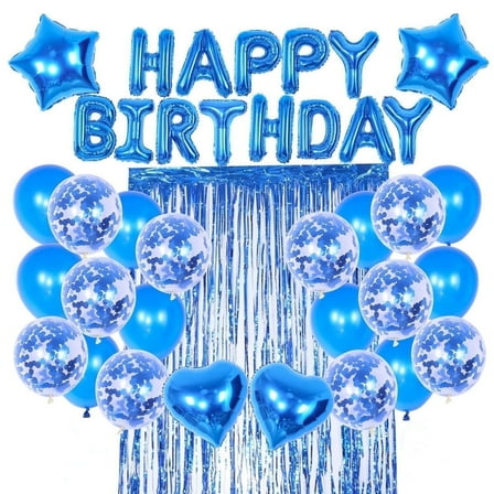 Birthday Party Decoration Blue for Mens Boy, Happy Birthday Balloon Banner, Balloons, Fringe Curtain