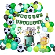 Birthday Party Decoration for Boys, Happy Birthday Banner, Beer Champagne Soccer Foil Balloons Green Yellow Latex Balloons Cake Topper with Tattoo for Kids Birthday Football Fans Theme Party （90pcs）