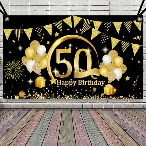 Birthday Party Decoration Extra Large Fabric Black Gold Sign Poster for Anniversary Photo Booth Backdrop Background Banner, Birthday Party Supplies, 70.8x43.3inch (50th)