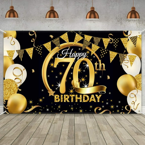 Birthday Party Decoration Extra Large Fabric Black Gold Sign Poster for Anniversary Photo Booth Backdrop Background Banner, Birthday Party Supplies(70th)
