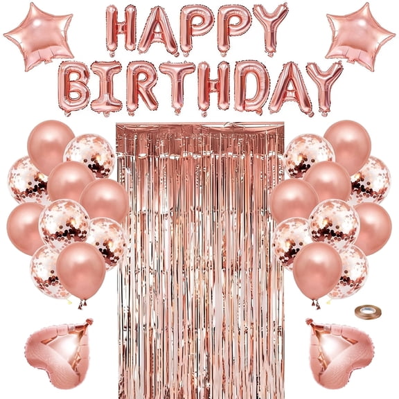 dykaae Birthday Party Decoration, Rose Gold Birthday Party Supplies Set Happy Birthday Banner Fringe Curtain Heart Star Foil Confetti Balloons for Women Girls Birthdays Princess Party