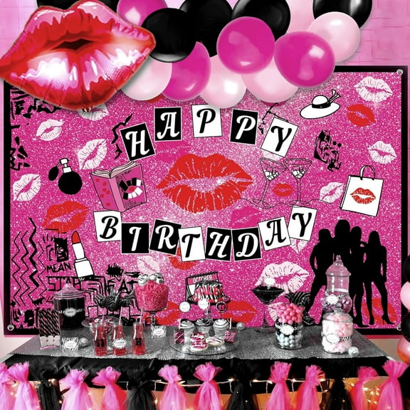 Birthday Party Decoration Set - Backdrop + 30 Balloons + Lip Foil Balloon Pink Flash Theme Fashion Element Combination