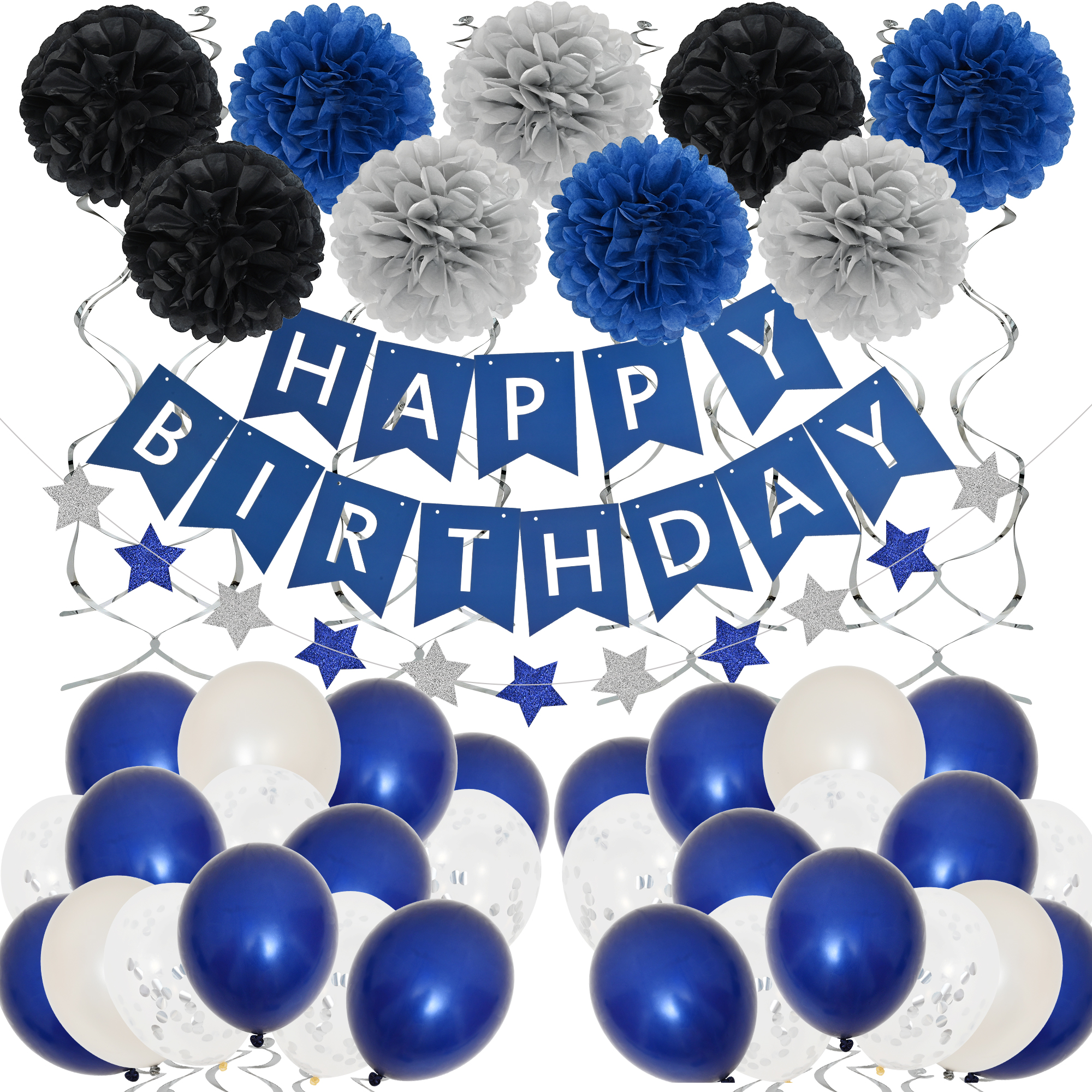 Birthday Party Decoration Silver Blue for Mans Boys, Balloons, Happy Birthday Banner, Fringe Curtain - image 1 of 7