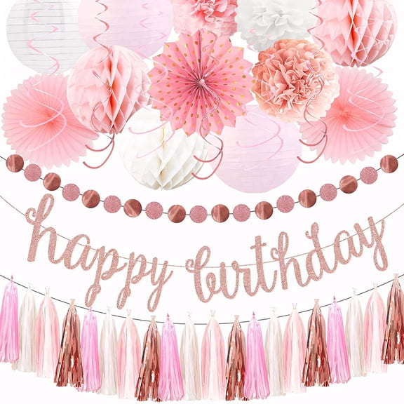 22 Pcs Rose Gold Birthday Party Decoration Set, Elegant Banners, Paper Fans, Lanterns, Pom Poms & Tassels for Celebrations, Easy to Hang, Versatile for Birthday, Bridal Shower & Bachelorette Party