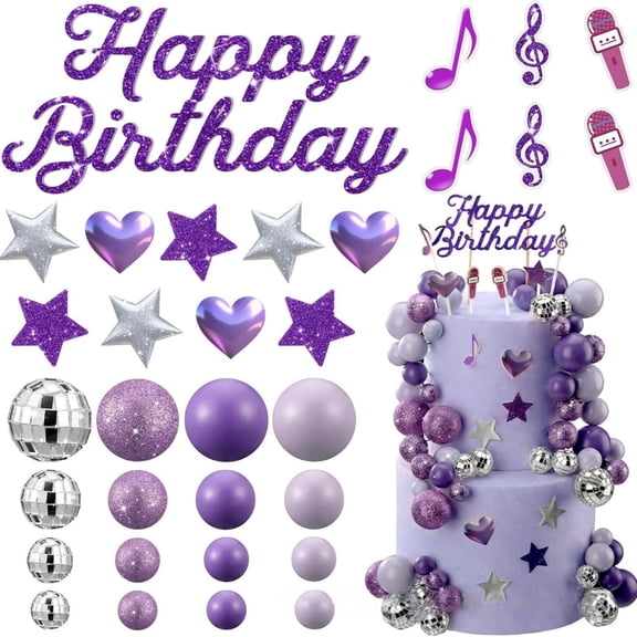 Birthday Party Decorations – 32 Pcs Purple Disco Ball Cake Topper Set, Pop Star Music Themed Party Supplies with Happy Birthday Banner, Foam Lightweight Decor for Girls Women