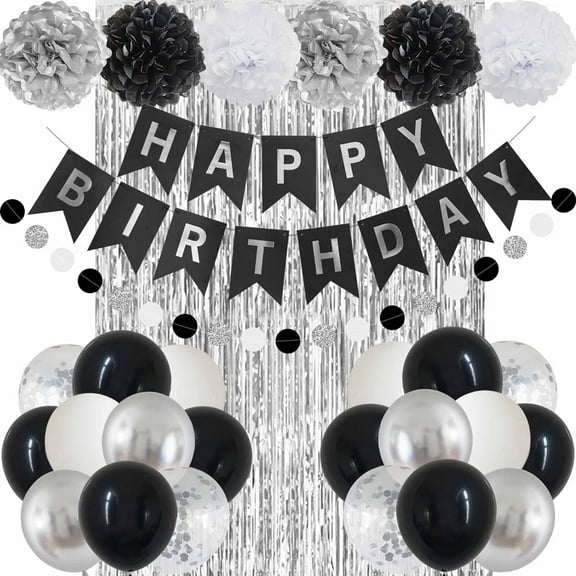 Birthday Party Decorations Balloons Banners Happy Birthday Kit Reusable PomPoms Confetti Ribbons Foil Fringe Fringe Curtain Tissue Boys Girls Partie Décor Supplies - Black and Silver