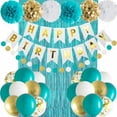thumbnail image 1 of Birthday Party Decorations Balloons Banners Happy Birthday Kit Reusable PomPoms Confetti Ribbons Foil Fringe Fringe Curtain Tissue Boys Girls Partie Décor Supplies - Teal Blue and Gold, 1 of 7