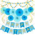 thumbnail image 1 of Birthday Party Decorations Kit for Men Boys, Blue and Gold Happy Birthday Banner with Honeycomb Fans Circle Dots Garland Swirl Streamers, 1 of 7