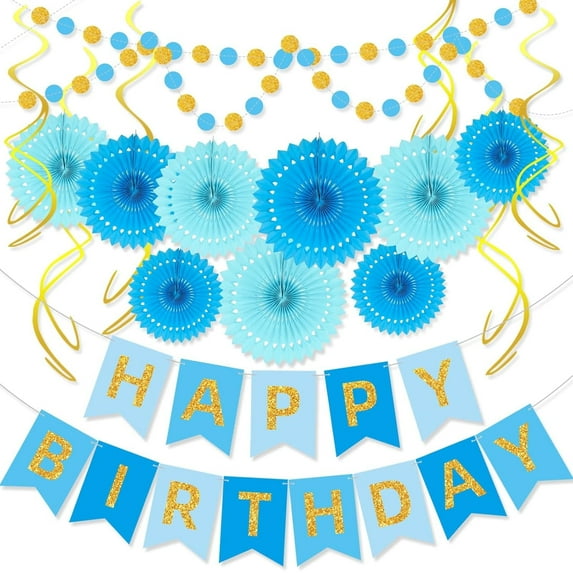 Birthday Party Decorations Kit for Men Boys, Blue and Gold Happy Birthday Banner with Honeycomb Fans Circle Dots Garland Swirl Streamers