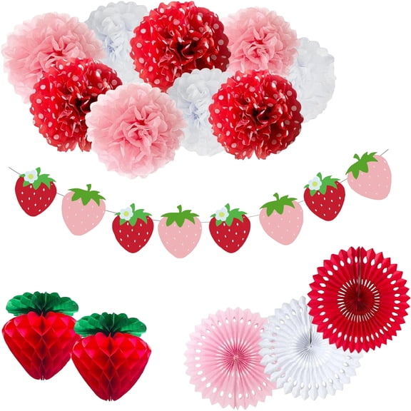 Birthday Party Decorations, Strawberry Birthday Decorations, Berry First Birthday Decorations, Pink and Red Party Decor, Complete Set with Strawberry Cutout Banner, 2 Strawberry