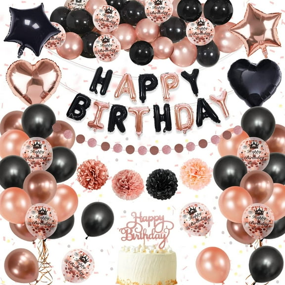 Birthday Party Decorations for Women Girls, Rose Gold Black Birthday kit with Happy birthday Foil Confetti Balloons, Birthday Party Decorations Supplies