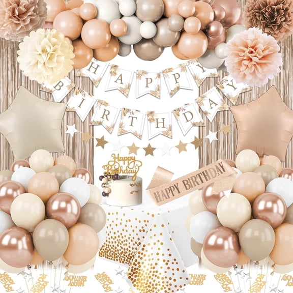 Birthday Party Decorations for Women Girls, Beige Cream Neutral Balloons Birthday Sash Tablecloth Happy Birthday Banner Neutral Boho Bday Decorations