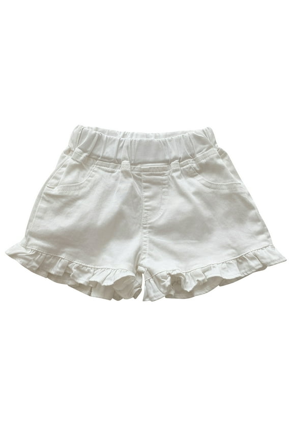 Birthday Party Denim Shorts for Girls, Ripped Ruffle Design, Elastic Waist, Distressed Finish, Mid-Length Cut, Soft Rayon-Polyester Blend