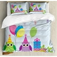 thumbnail image 1 of Birthday Party Duvet Cover Set, Cartoon Style Owls at a Party with Flags Boxes on a Polka Dotted Backdrop, Decorative 3 Piece Bedding Set with 2 Pillow Shams, Calking Size, Pale Blue, by Ambesonne, 1 of 3