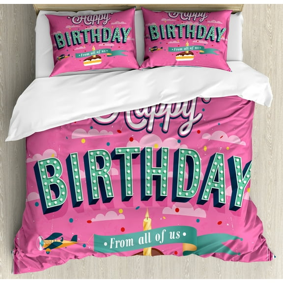 Birthday Party Duvet Cover Set, Celebration Wishes Themed Typography Alongside Cake and Slice Candle, Decorative 3 Piece Bedding Set with 2 Pillow Shams, Calking Size, Pink Multicolor, by Ambesonne
