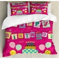 thumbnail image 1 of Birthday Party Duvet Cover Set, Colorful Letters in Shape of Present Boxes Balloons Cake Graphic, Decorative 3 Piece Bedding Set with 2 Pillow Shams, Calking Size, Dark Coral Multicolor, by Ambesonne, 1 of 3