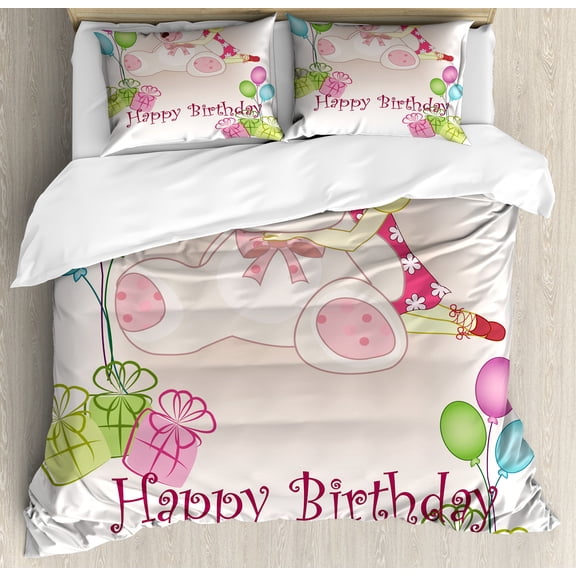 Birthday Party Duvet Cover Set, Colorful Pattern of Teddy Bears Balloons Gifs Dolls Image Cartoon Print, Decorative 3 Piece Bedding Set with 2 Pillow Shams, Queen Size, Pale Pink, by Ambesonne