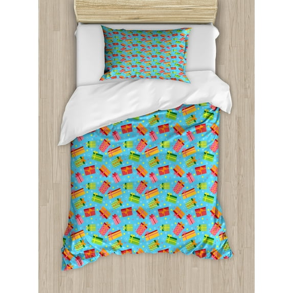 Birthday Party Duvet Cover Set, Colorful Presents Gifts with Ribbons Stripes Stars and Hearts, Decorative 2 Piece Bedding Set with 1 Pillow Shams, Twin Size, Deep Sky Blue Multicolor, by Ambesonne
