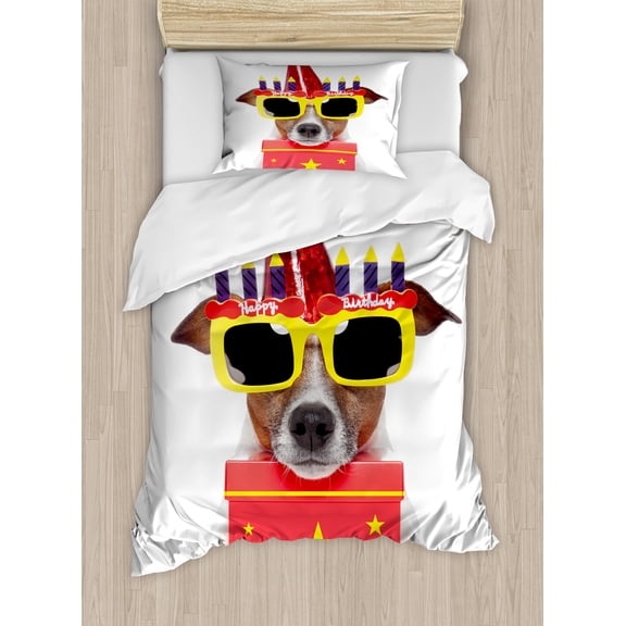 Birthday Party Duvet Cover Set, Happy Party Dog with Sunglasses and Cone Hat Boxes Stars Image Print, Decorative 2 Piece Bedding Set with 1 Pillow Shams, Twin Size, Yellow and Red, by Ambesonne