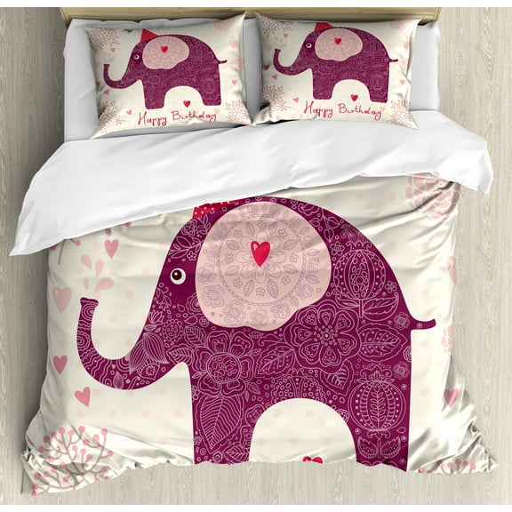 Birthday Party Duvet Cover Set, Paisley Motif Image with Purple Color Party Cone Hearts and Flags, Decorative 3 Piece Bedding Set with 2 Pillow Shams, Queen Size, Pink, by Ambesonne