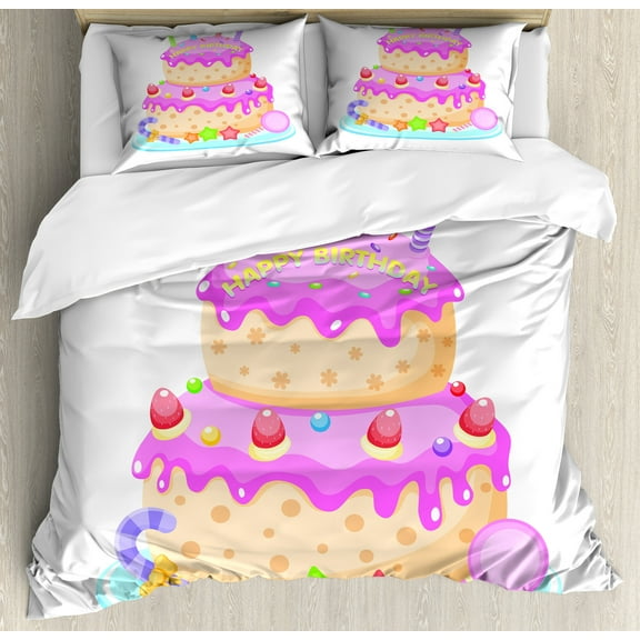 Birthday Party Duvet Cover Set, Pastel Colored Birthday Party Cake with Candles and Candies Celebration Image, Decorative 3 Piece Bedding Set with 2 Pillow Shams, King Size, Pale Pink, by Ambesonne