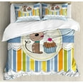 thumbnail image 1 of Birthday Party Duvet Cover Set, Present Wrap Like Image with Chocolate Cake and Kitten Party, Decorative 3 Piece Bedding Set with 2 Pillow Shams, King Size, Pale Blue White, by Ambesonne, 1 of 3