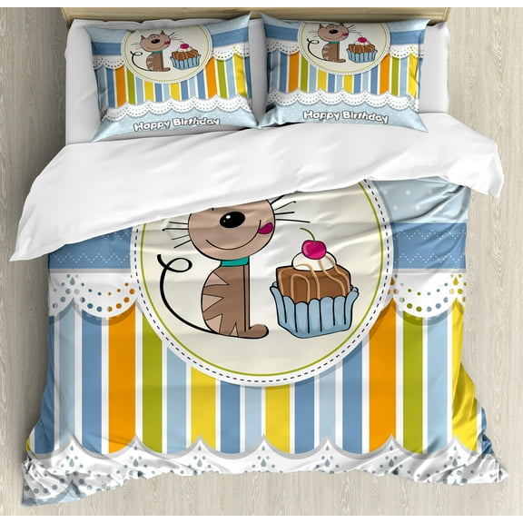 Birthday Party Duvet Cover Set, Present Wrap Like Image with Chocolate Cake and Kitten Party, Decorative 3 Piece Bedding Set with 2 Pillow Shams, King Size, Pale Blue White, by Ambesonne
