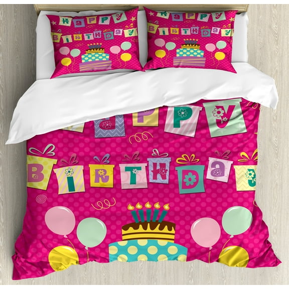 Ambesonne Birthday Party Duvet Cover Sets, Present Boxes Pink, 2-Queen, Dark Coral Multicolor