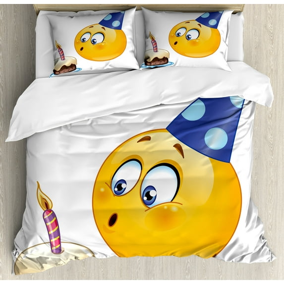 Birthday Party Duvet Cover Sets, Happy Face Celebration Themed Cone Hat Blowing Cake Print, Bedding Set with 2 Duvet Covers & 4 Pillowcases, 2 Pack Queen Size, Dark Blue Yellow, by Ambesonne