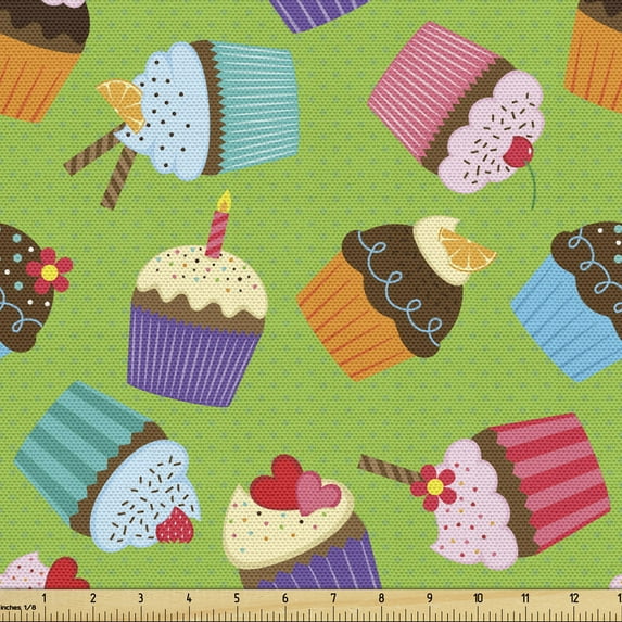 Ambesonne Birthday Party Fabric by the Yard Upholstery, Colorful Cupcakes, 2 Yards, Lime Green Multicolor