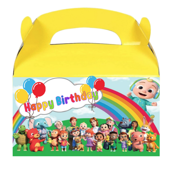 Birthday Party Favor Boxes with Rainbow Design, Happy Birthday Theme, Yellow Handle, Set of 12