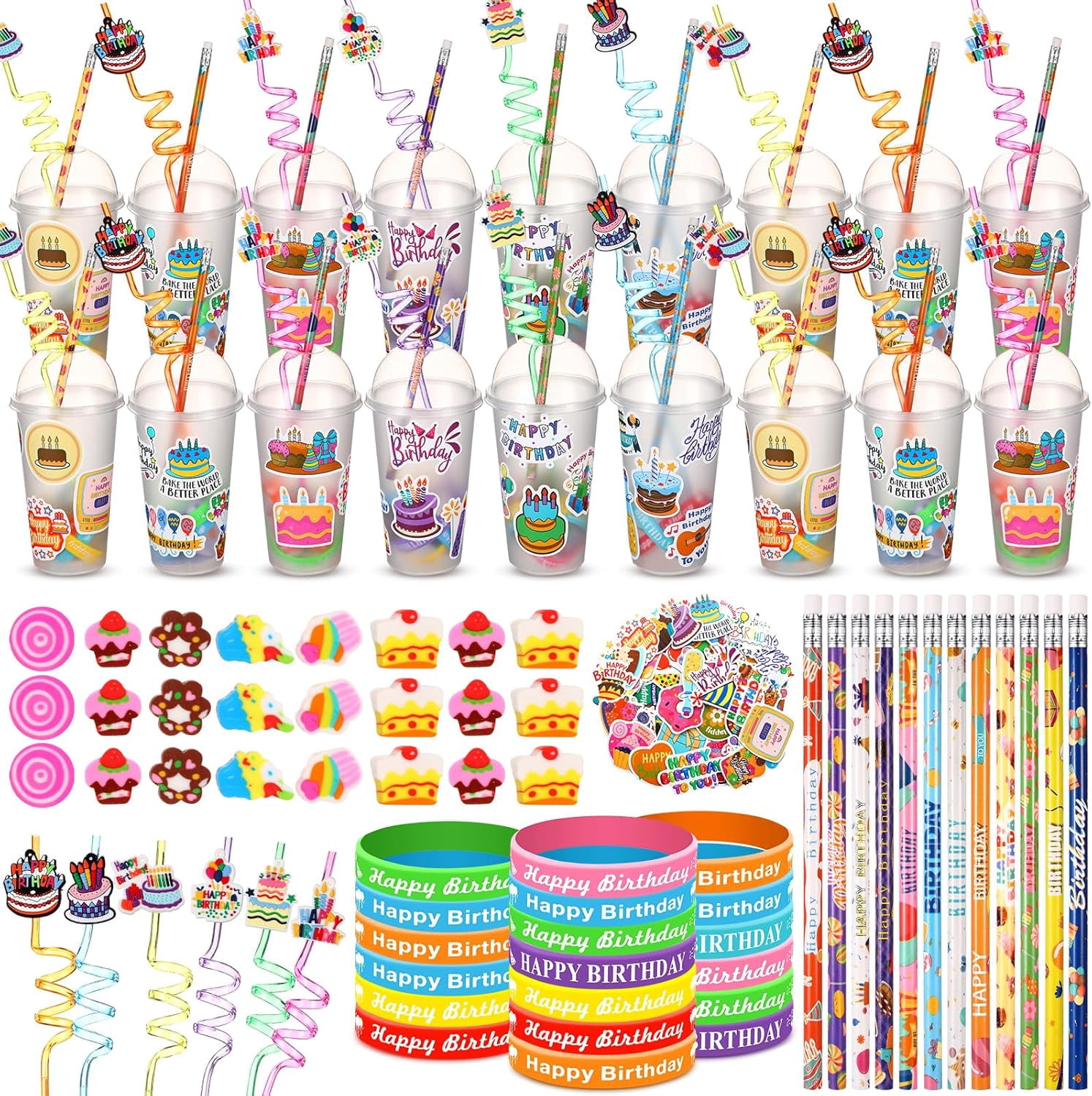 Birthday Party Favor Set, 24 Reusable Cups With Dome Lids and Straws, Pencils, Heart Erasers, Silicone Bracelets and Stickers, Birthday Theme