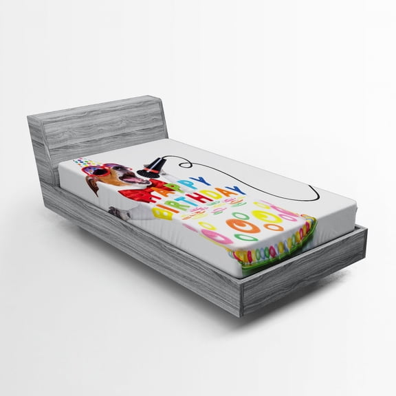 Birthday Party Fitted Sheet, Birthday Musician Singer Dog with Glasses and Party Cake Cones Image Print, Soft Decorative Fabric Bedding, Twin Size, Multicolor, by Ambesonne