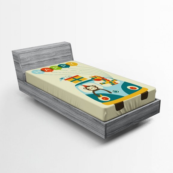 Birthday Party Fitted Sheet, Blue Hippie Bus with Monkeys Giraffes Balloons Surprise Box Artwork Print, Soft Decorative Fabric Bedding, Twin Size, Multicolor, by Ambesonne