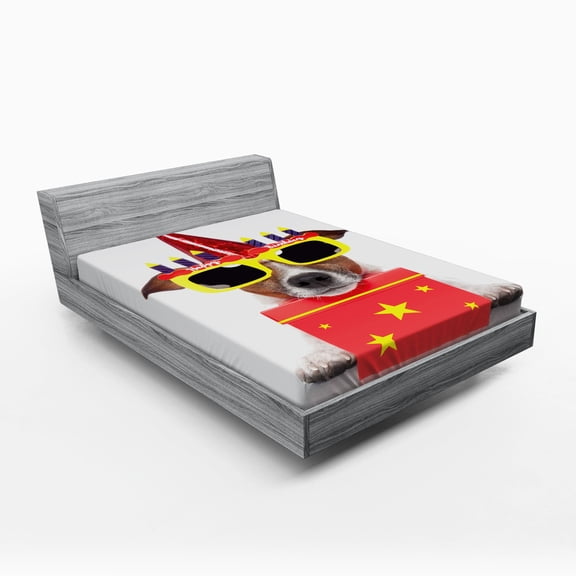 Birthday Party Fitted Sheet, Happy Party Dog with Sunglasses and Cone Hat Boxes Stars Image Print, Soft Decorative Fabric Bedding, Full Size, Yellow and Red, by Ambesonne